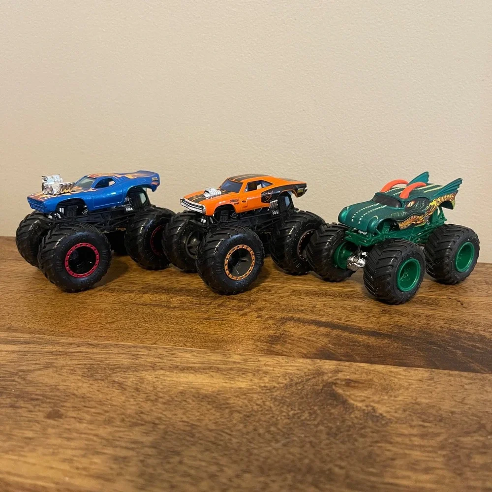 Hot Wheels Monster Trucks Blue Orange Green Dragon Charger Flame Bundle